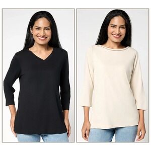 Belle by Kim Gravel Set of 2 3/4 Sleeve Slub Knit Tops Sand Bar/Black Small #23
